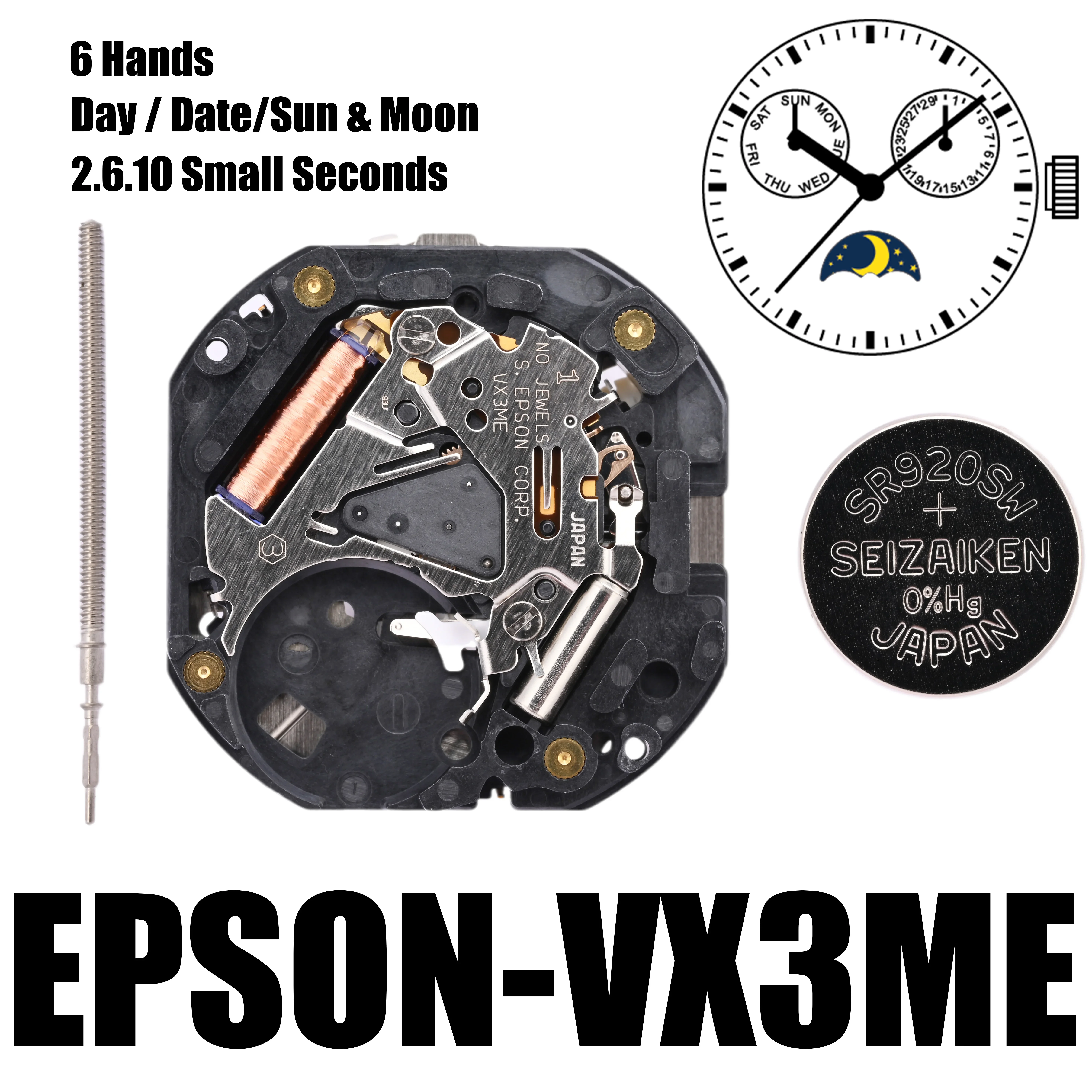 VX3M Movement Epson VX3ME VX3 Series Quartz Movement  2.6.10 Seconds Size:10 1/2''' 6 Hands Day / Date Sun & Moon