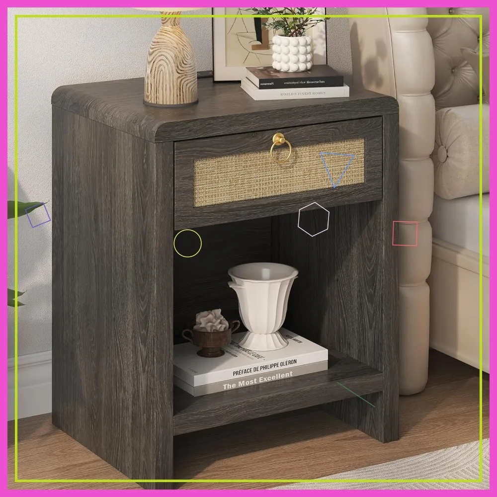 

Rattan Nightstand with Charging Station, Boho End Table with Drawer & Shelf, Grey Oak Bedside Table for Small Spaces