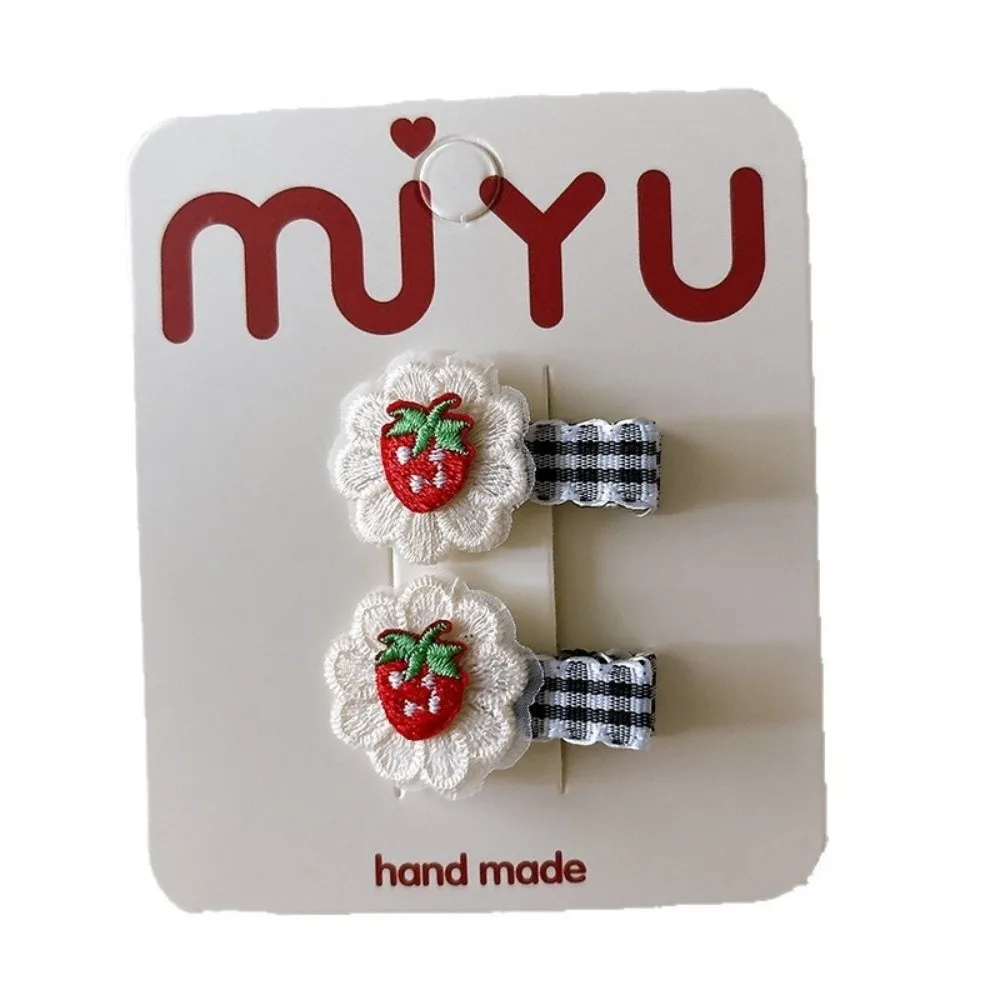 

2pcs Fashion Black White Plaid Hair Clips Strawberry Cherry Embroidery Cute Sweet Hairpin Barrettes for Children