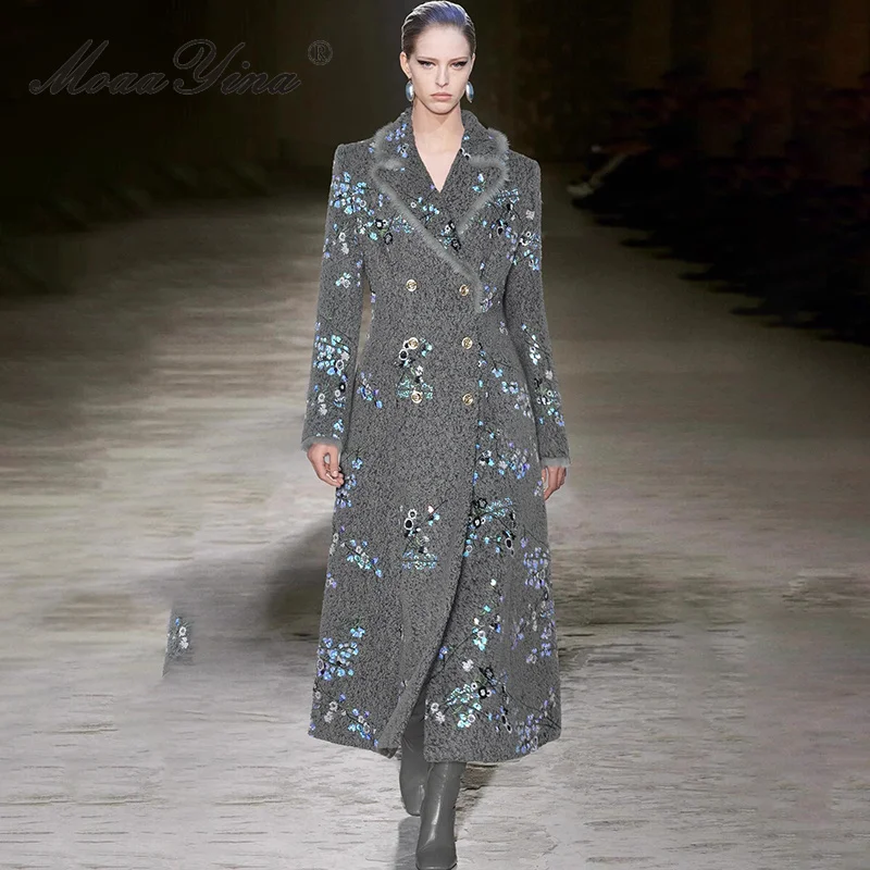 

MoaaYina 2026 Spring Women's New Fashion Collar Long Sleeve Sparkling Embroidered Double breasted Cotton Coat