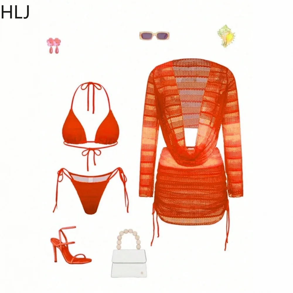 HLJ Beachwear Bikini Bra Top and Throng and Long Sleeve Cover Up Skirt Bandage Bodycon 4 Piece Set Sexy Swimwear Women Lady 2026