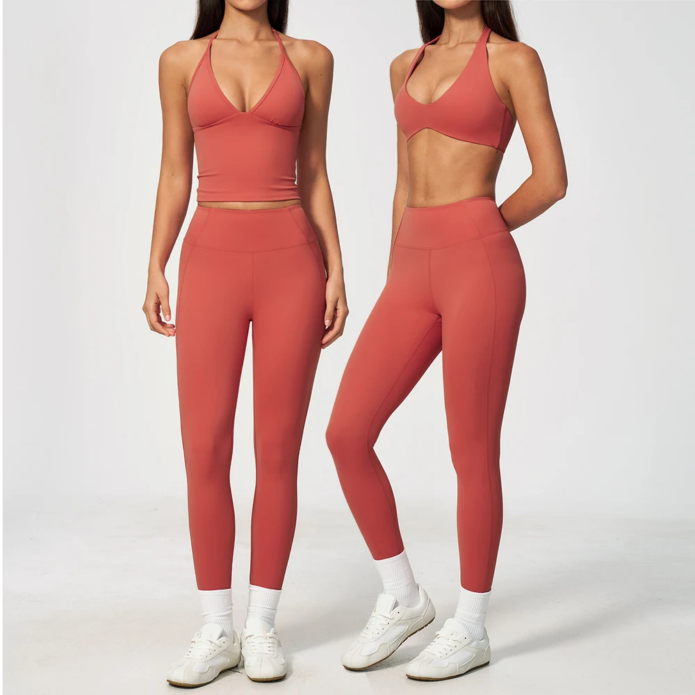 2Pcs Yoga Set Women Scoop 3/4 Sleeve Top Halter Sports Bra Butt Lifting High Waist Leggings Fitness Running Workout Gym Clothing