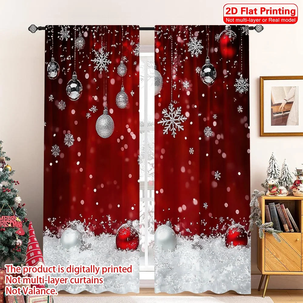 2D flat printing 2pcs Merry Christmas Scene Curtains Red and white snowflakes Polyester Without Electricity Festive Wall Decor
