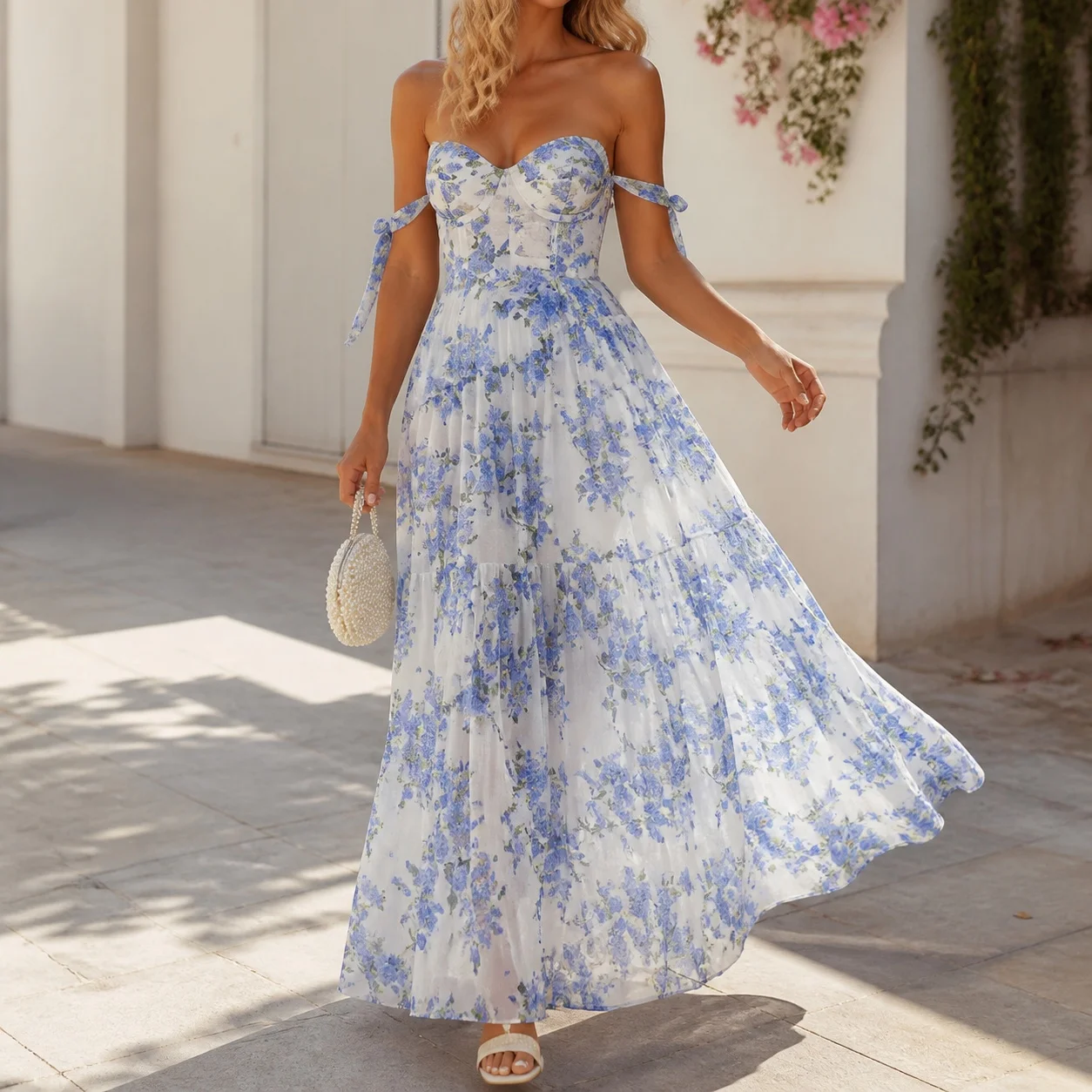 Mid Waist 3D Gown Maxi Length Graceful Elegant with Strapless 3D Effect Pattern Princess Graceful Commuter Spring for Women