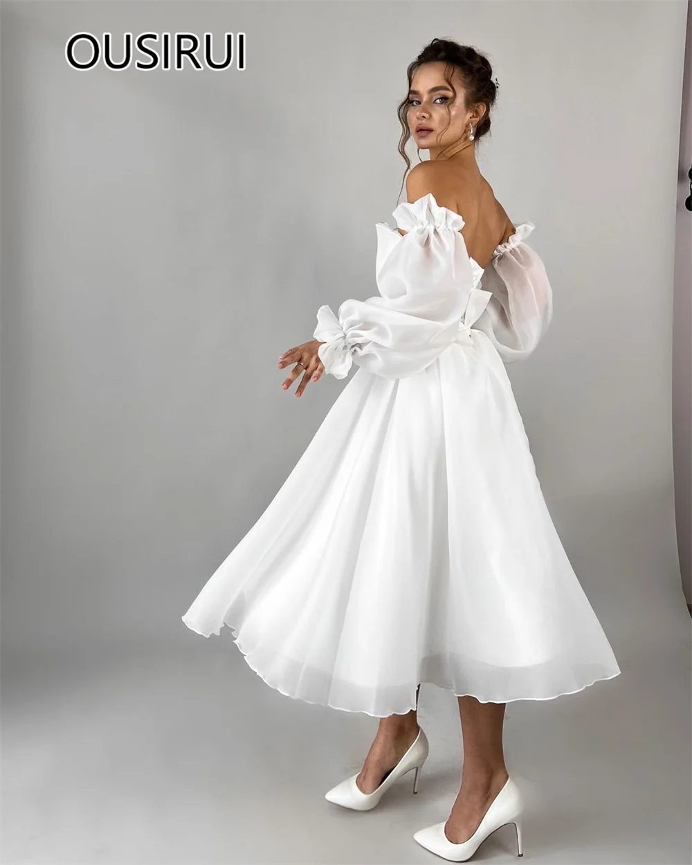 Boat Collar Tiered Ruffles Organza Evening Bridal Dress A-line Backless Tea-Lengt Saudi Gown with Detachable Sleeve Custom Made