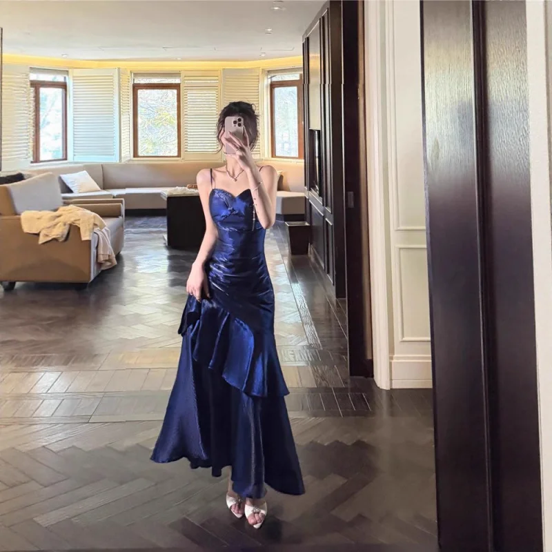 

Elegant Sexy Backless Mermaid Dress For Women Spaghetti Strap Sleeveless Ruffled Long Gown Summer Club Evening Party Dress