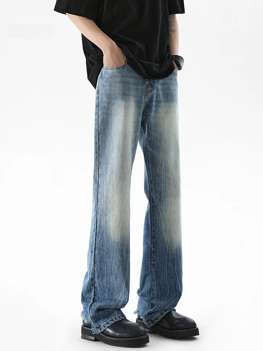 

Wmnm Men's High Waist Blue Lightning Cra Waed Denim Jeans Tear Micro Flared Pants American Vibe Straight Leg Trousers