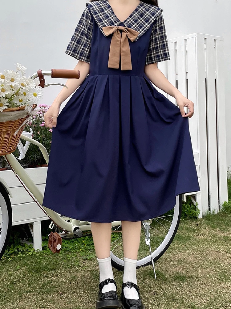 

Japanese Mori Girl Women Split Patchwork Plaid Dress Summer Peter Pan Collar Bow Lace Loose Short Sleeve Elegant Kawaii Clothing