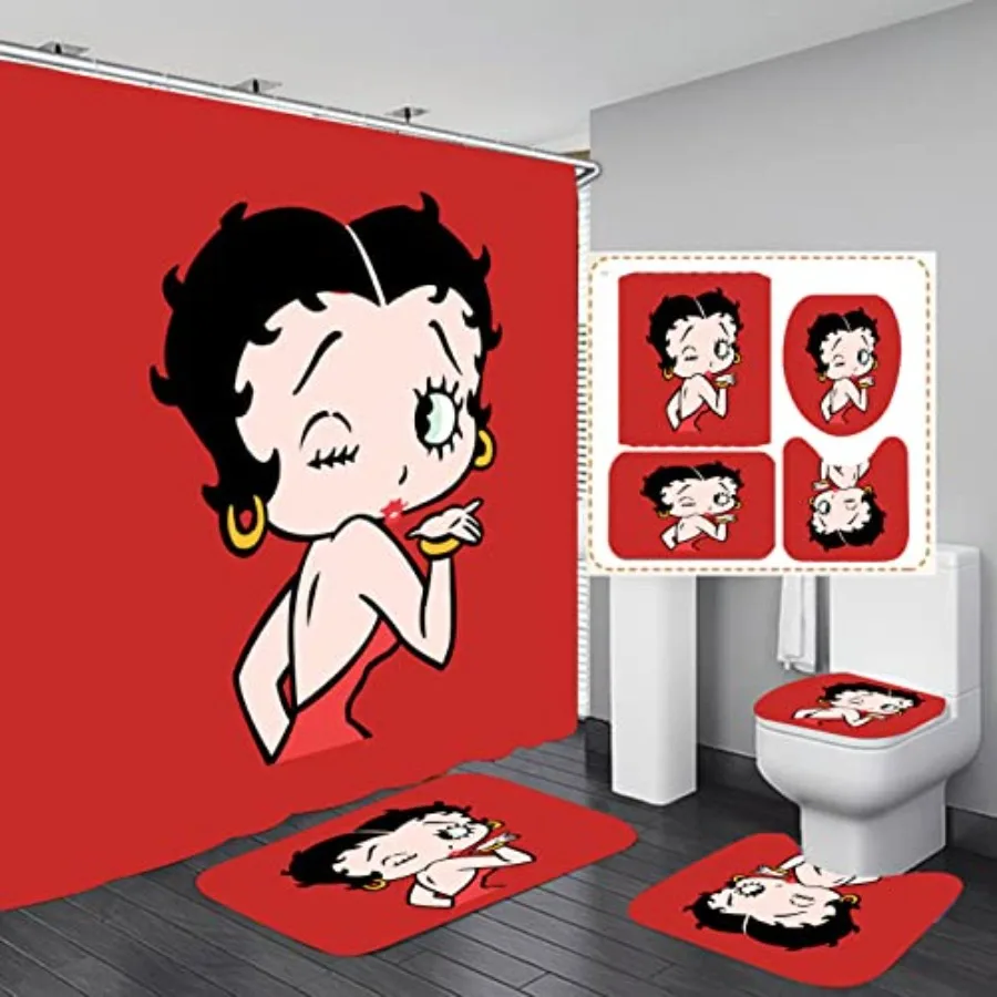 

Betty Red Bathroom 4 Pieces Set Shower Curtain Toilet Lid Cover and Bath Mat Non-Slip Rugs Durable and Waterproof for Bathroom