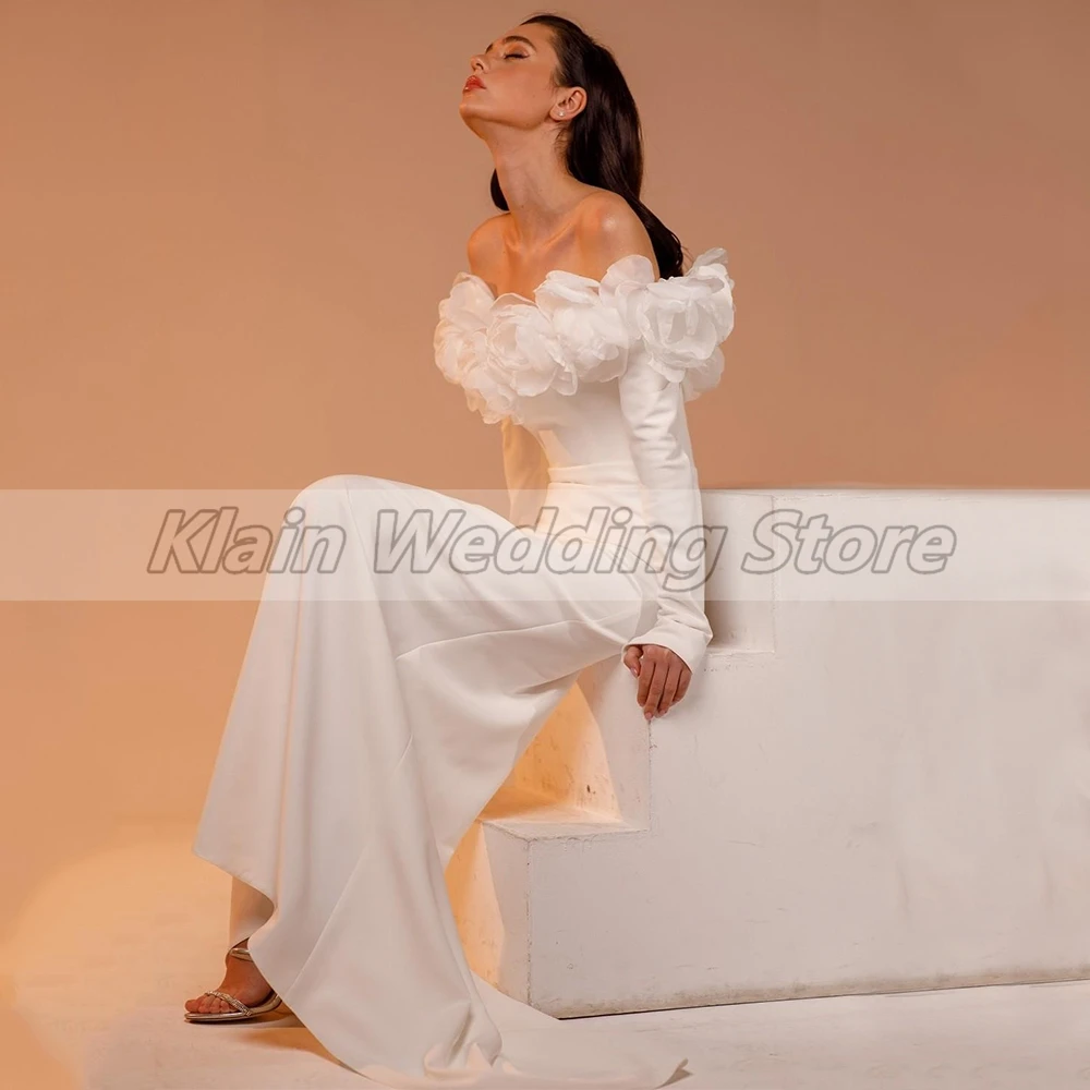 Customized Weilinsha Simple Plain Color Jersey Mermaid Wedding Dresses Women Srapless Off The Shoulder With Flowers Bridal Gown