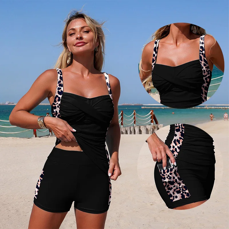 Women Two Piece Tankini Swimsuit Twist Front Ruched Top Boyshort Bottom Leopard Bathing Suit Summer Beach Pool Vacation Swimwear