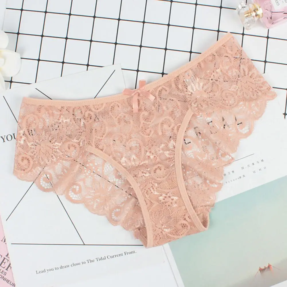 Women Underpants Solid Color Hollow Out Lace Bow-knot See-through Protective Thin Mid Waist Lady Briefs Women Accessory