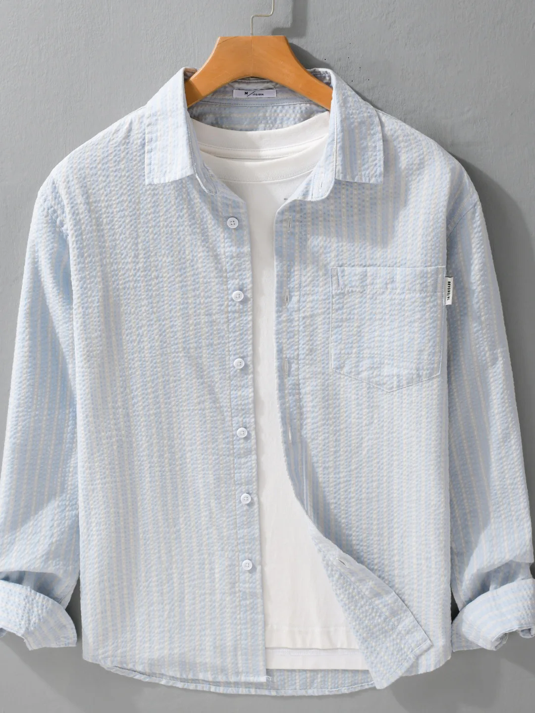 

Мужская повседневная свободная рубашка с длинным рукавом в японском винтажном стиле, с плиссированным полосатым узором, для весны и осени, с воротником, для отдыха