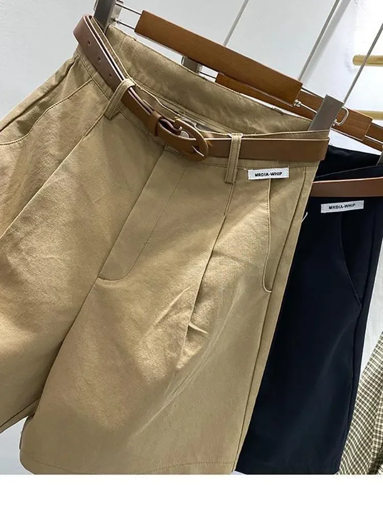 Summer Women\'s Shorts 2025 Loose Casual Cotton Short with Belt Solid Khaki Black Knee Length Wide Leg Bermuda Shorts for Women