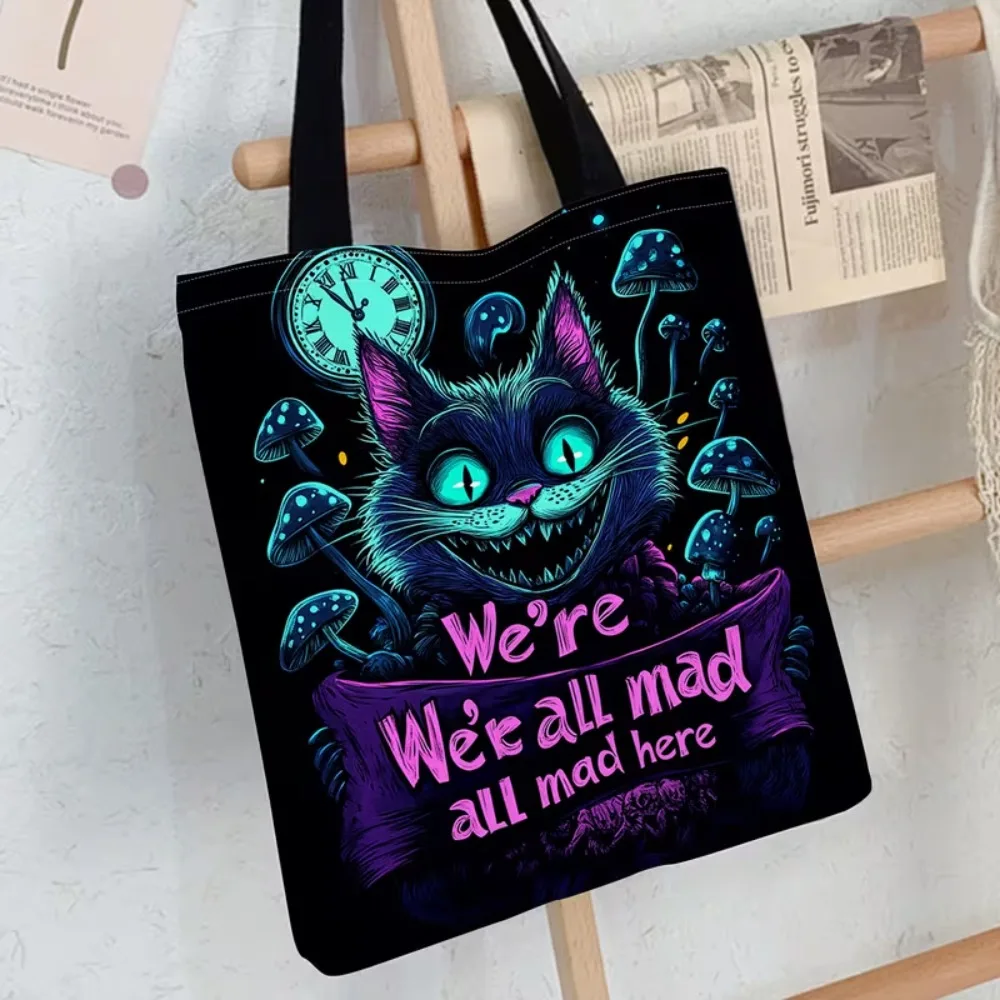 Dark Cheshire Cat Graphic Canvas Tote Bag We're All Mad Here Alice in Wonderland Shoulder Bag Halloween Reusable Shopping Purse