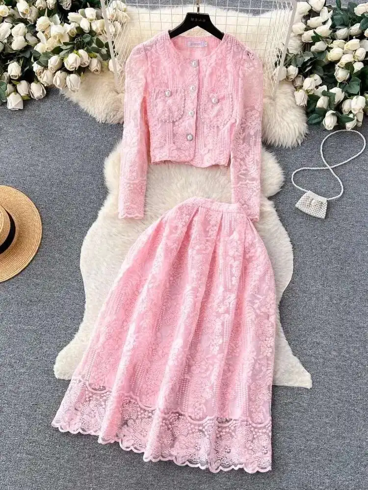 Autumn Elegant Flower Embroidery Lace Two Piece Matching Set Women\'s Long Sleeve Pearls Button Crop Top Midi Skirts Suits