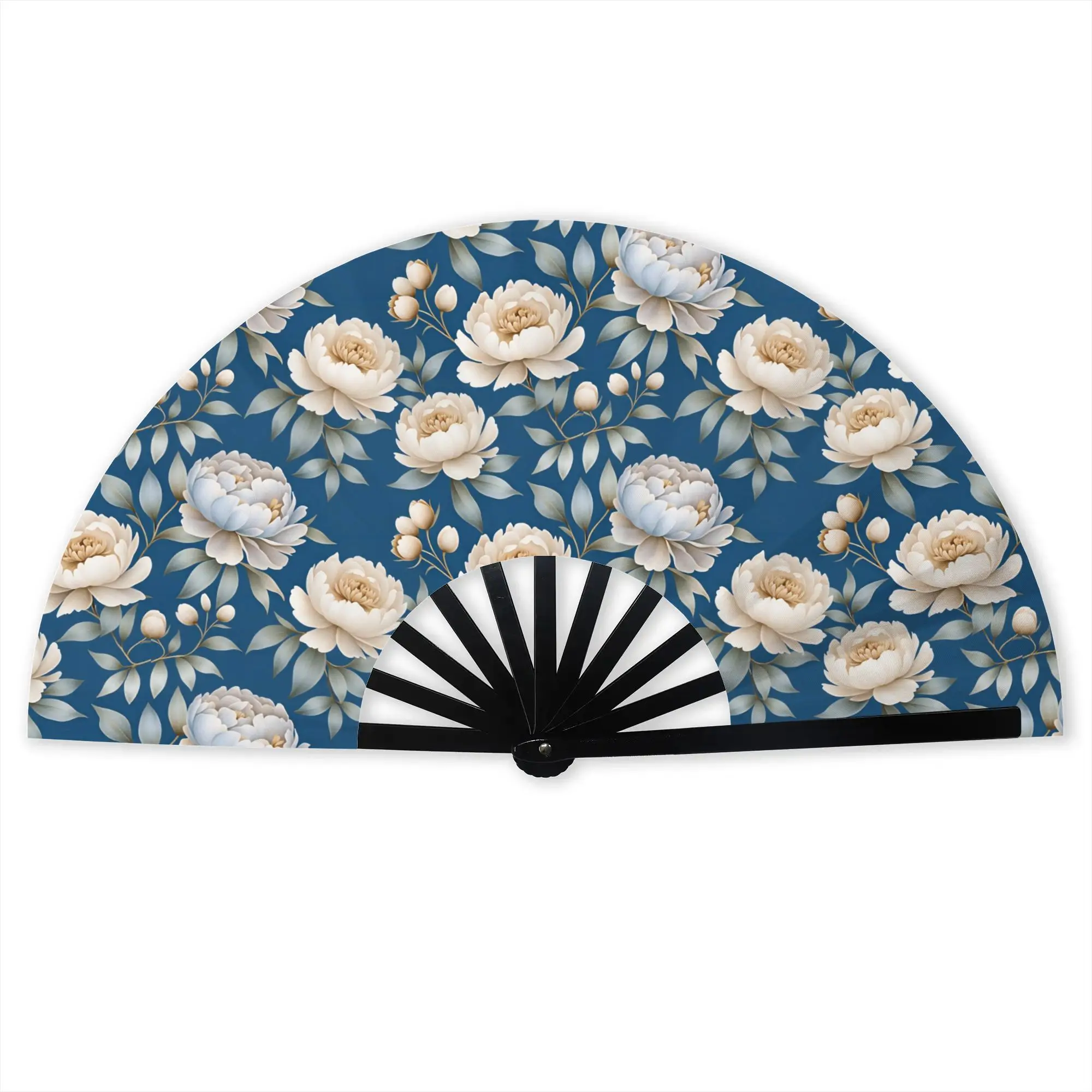 Elegant White Peonies Flowers Portable Pocket Fan Outdoor Chinoiserie Style Folding Fan Chinese Dance Cooling Handheld Fans