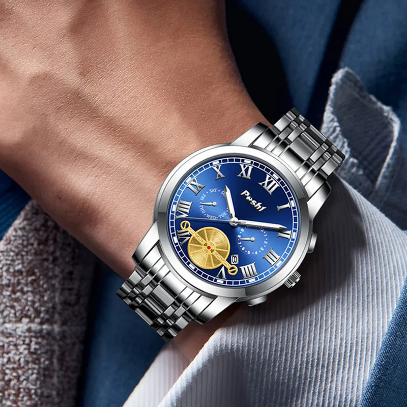 ساعة POSHI للرجال ساعات كوارتز للرجال ساعة يد رجالية فاخرة مقاومة للماء بحزام معدني للرجال ساعة عمل للتاريخ