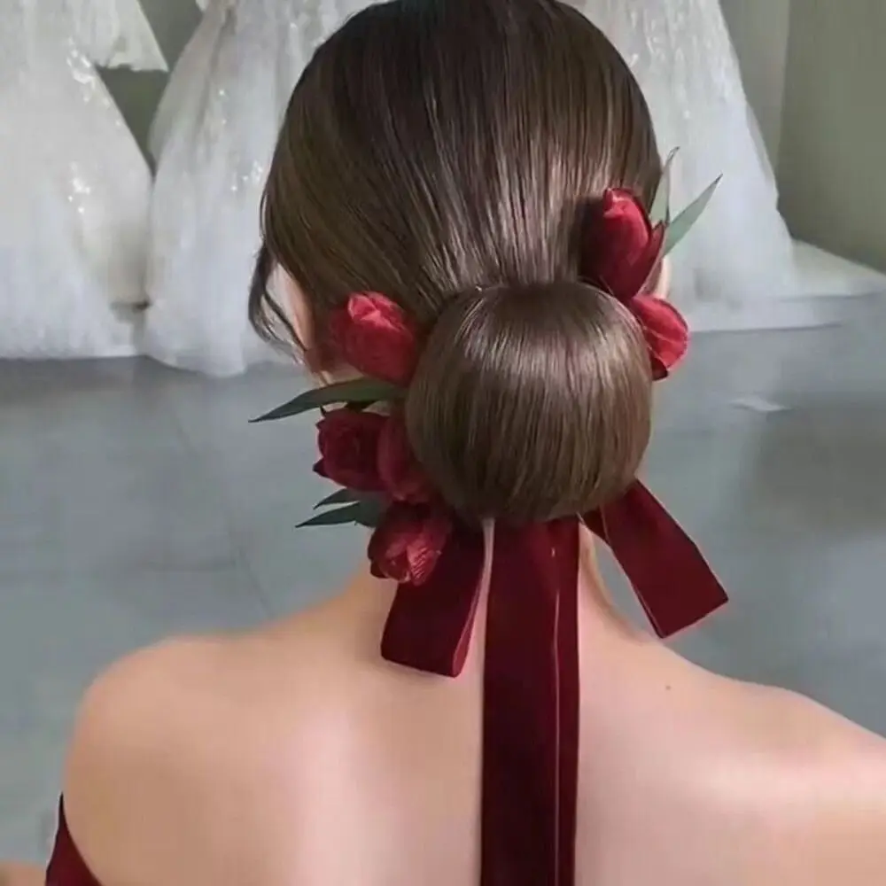 

New Ribbon Brides Hairband Red Elegant Flower Hairpins Handmade Tulip Headdress Wedding