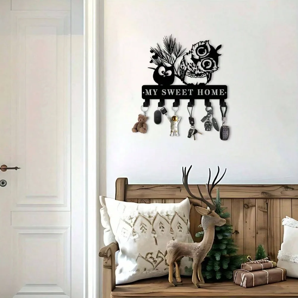 Handmade Owl Key Holder Wall Mount – Boho Metal Organizer Rack, 9.8in Entryway Decor for Keys, Hats view 5