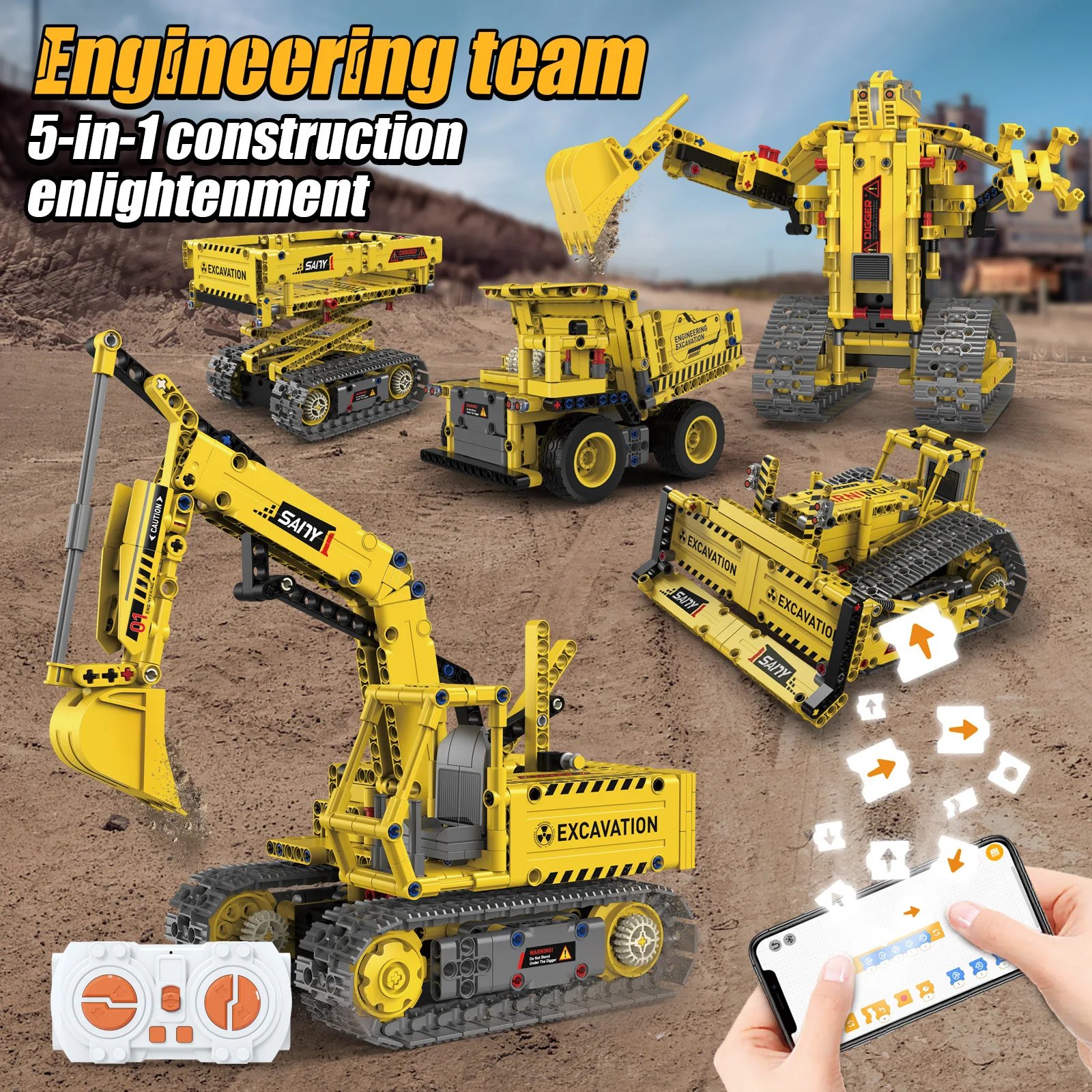 NEW 5 IN 1 Technical Remote Control Excavator Building Blocks City Engineering Truck Model Bricks Bulldozer Toys For Kids Gifts