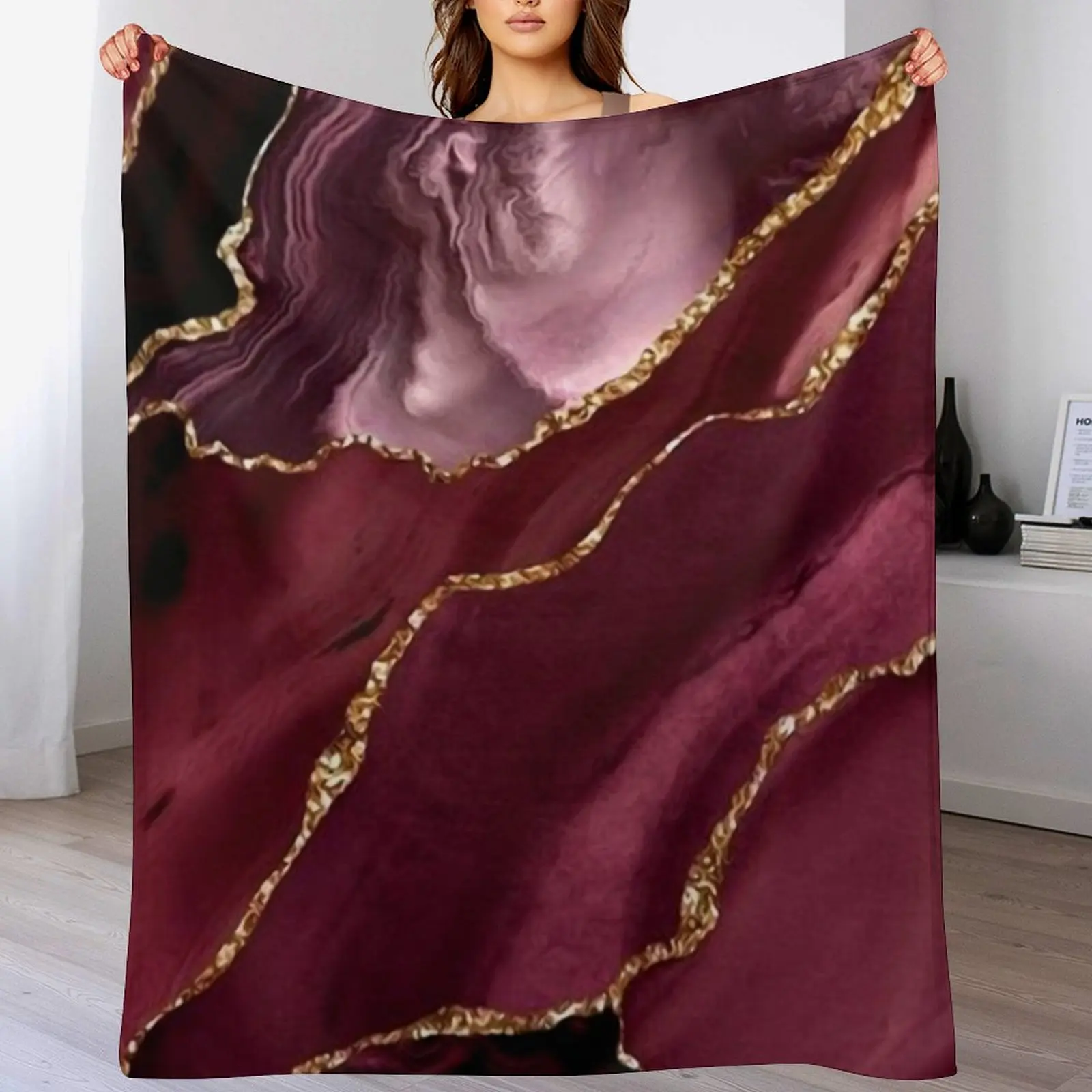 

Burgundy and Gold Abstract Throw Blanket Lightweight Warm Blanket for Travel Camping