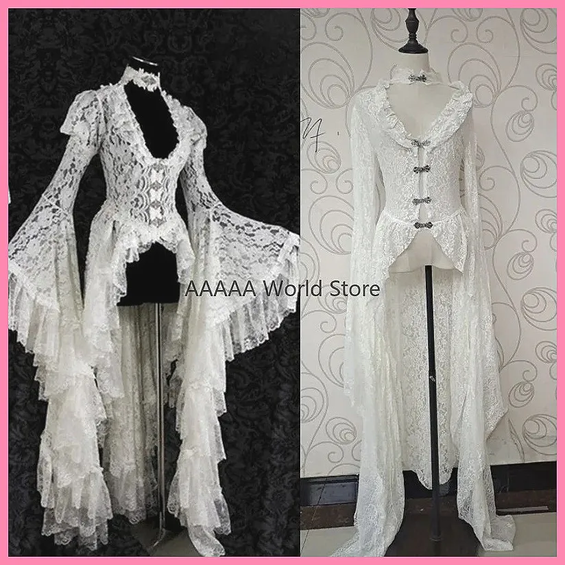 Gothic White Lace Dress Victorian Ball Gown Flare Sleeve Elegant Cosplay Outwear