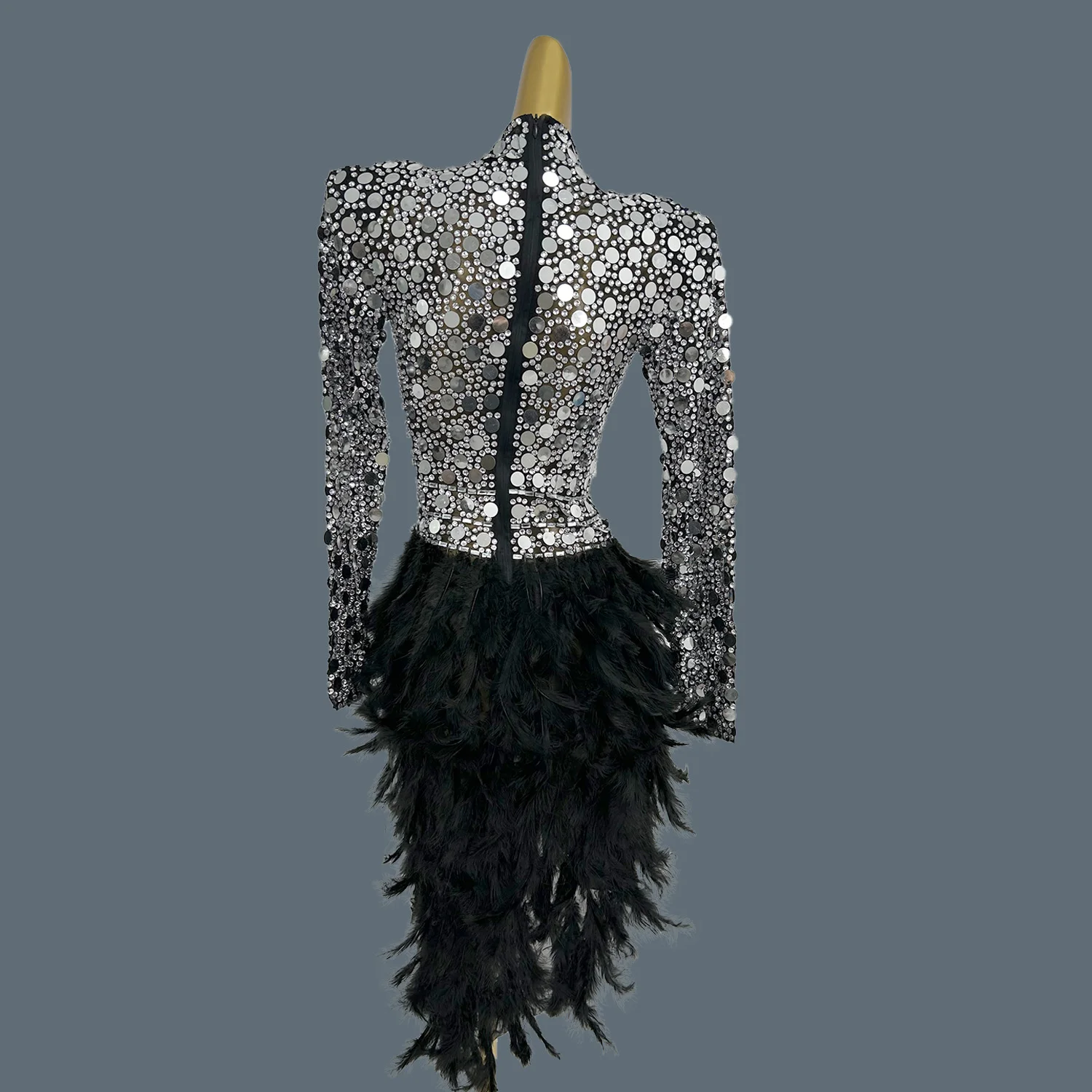 Mini robe asymétrique à paillettes argentées et plumes noires, pour femmes Sexy, Club d'anniversaire, fête, robe de soirée en maille, Pianyuqun
