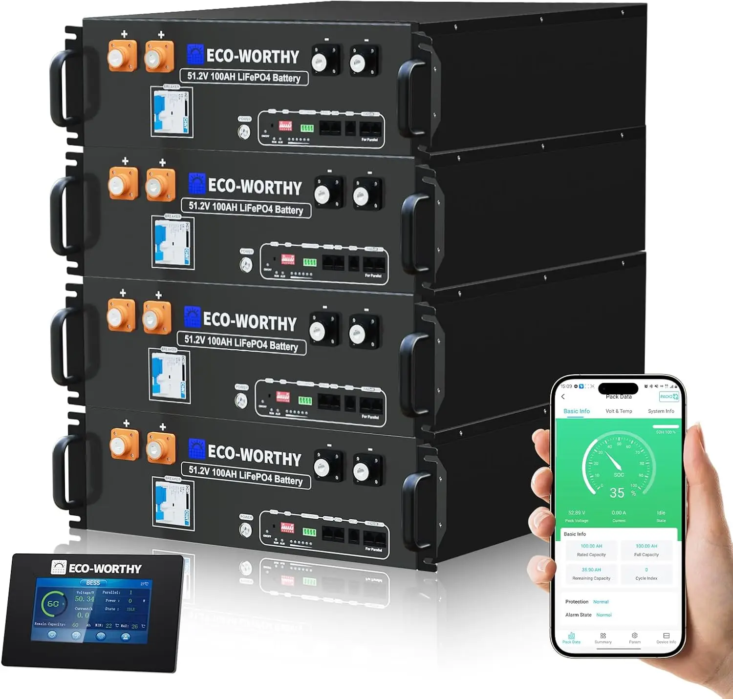 

48V 400Ah Server Rack LiFePO4 Lithium Battery With Bluetooth (4 Pack 48V 100AH V3), 20.48kWh Capacity, Perfect,customizable