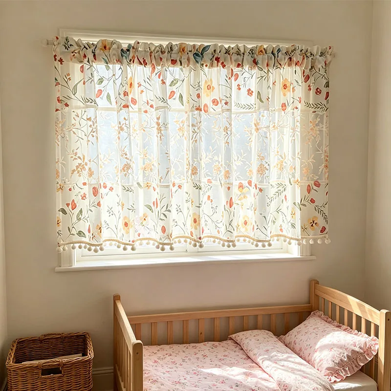 1pc Cottagecore Spliced Cafe Curtain, Terylene Colorful Floral, 3D Orange Mesh Embroidery, Cream Pom‑pom Tassel for Home Decor