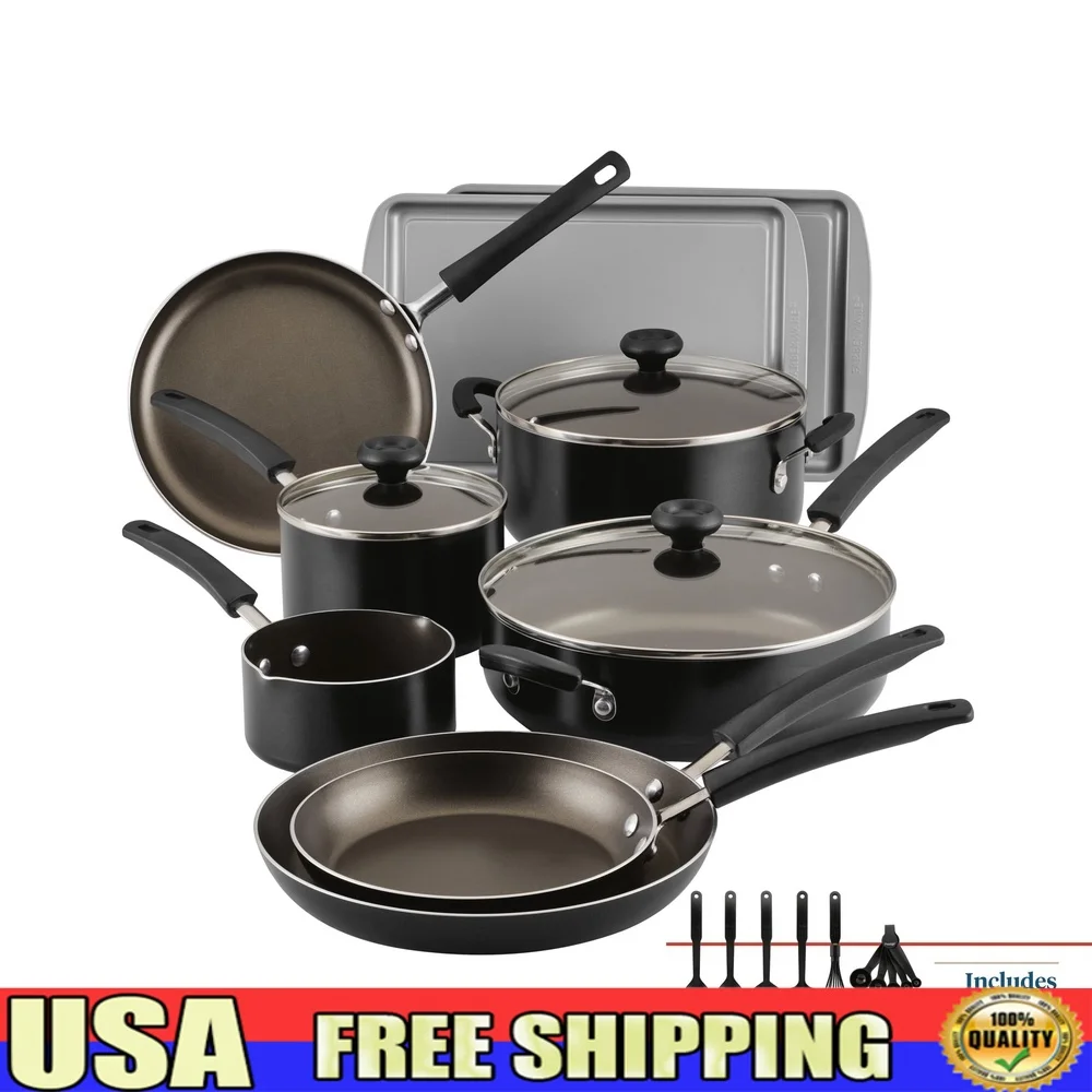 

22 Piece Nonstick Aluminum Cookware Set Dishwasher Safe Easy Clean Pots Pans Heat Distribution Tempered Glass Lids Kitchen Tools