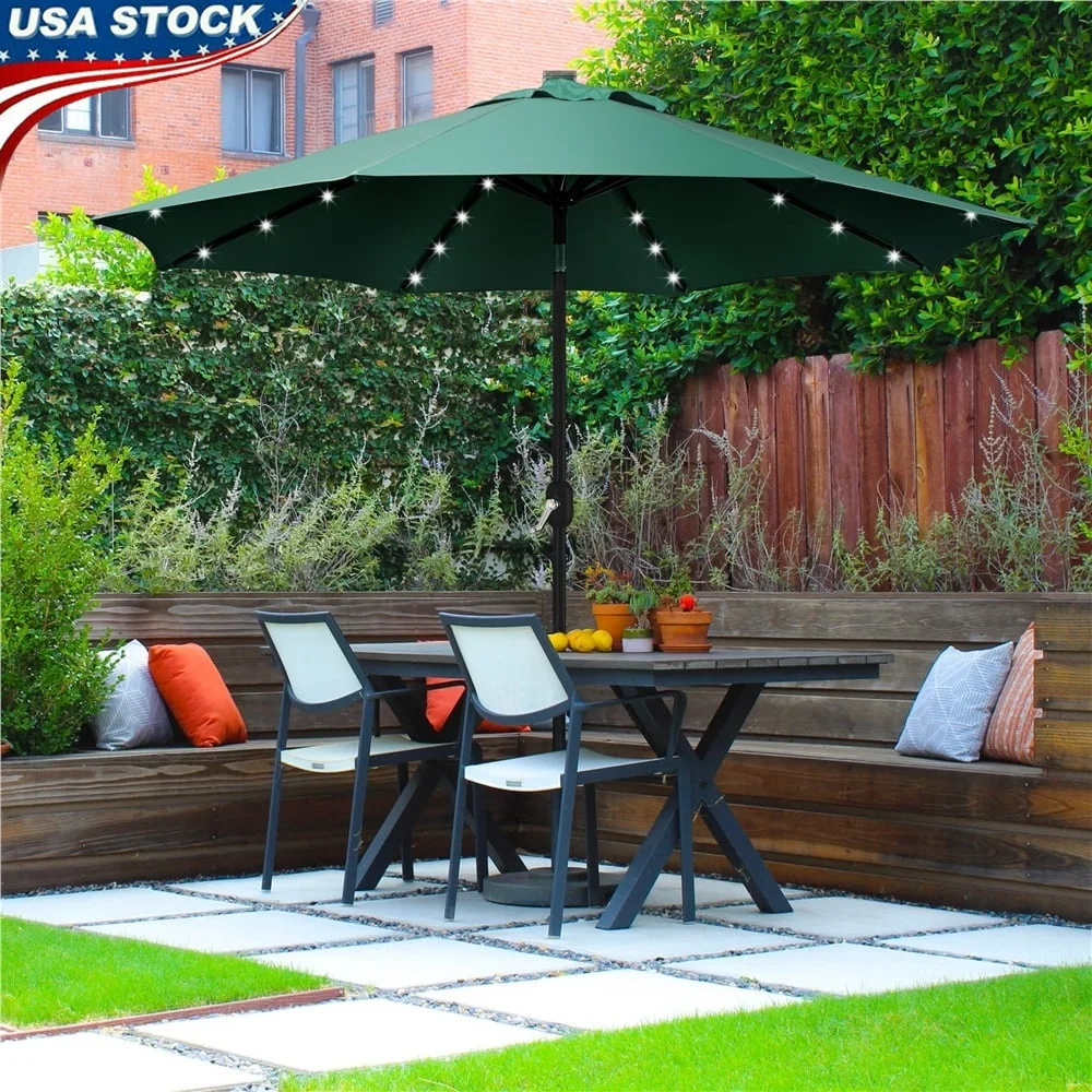 

9ft Solar Lighted Patio Umbrella Octagon Market Umbrella Water-Resistant with 32 LED Lights Easy Tilt Crank Garden Deck Poolside