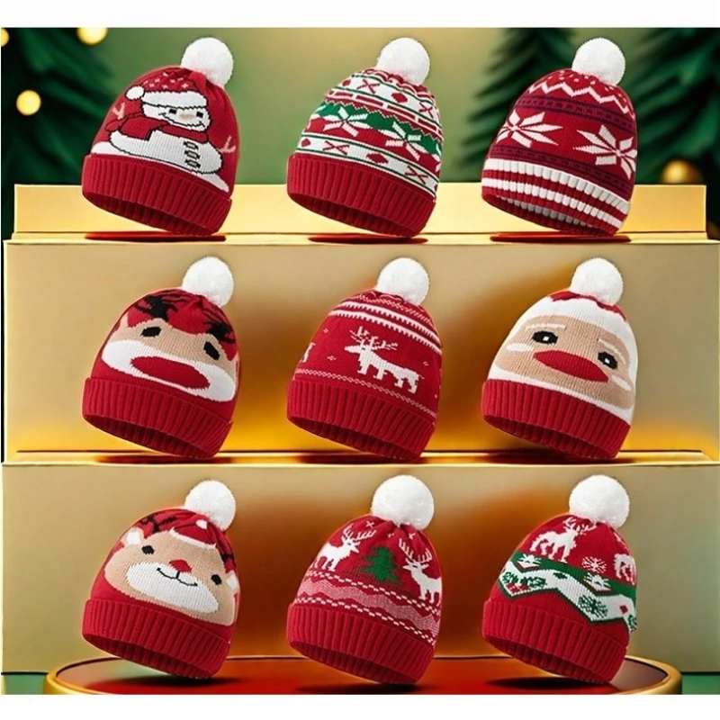 Christmas Pom Pom Knit Beanie Xmas Hat Reindeer Snowman Bear Snowflake Pattern Winter Knitted Cap For Adults Holiday Party Gift