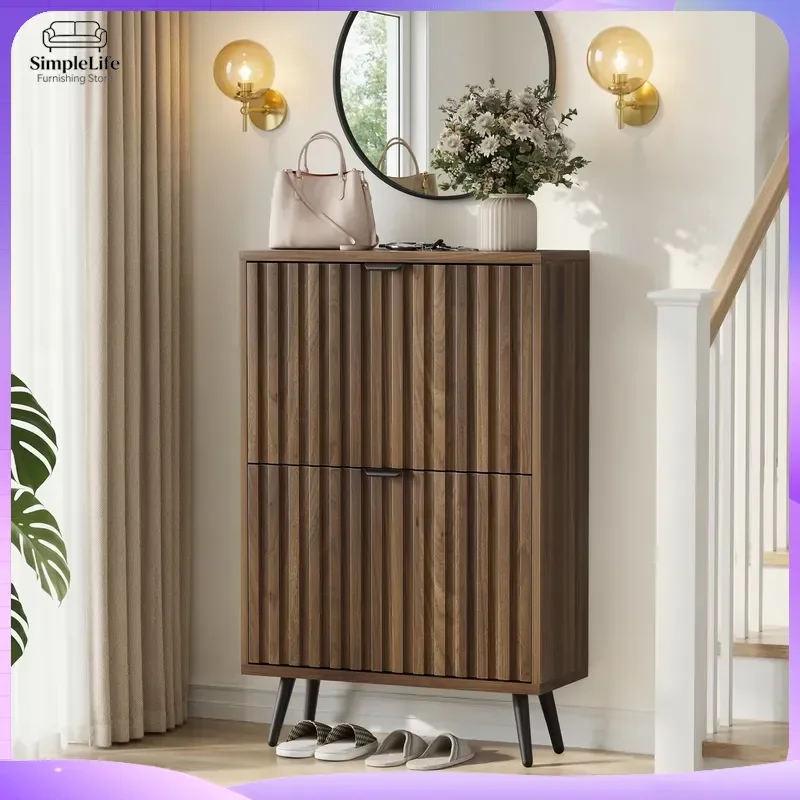 Mid-Century Modern Flip Drawer Shoe Cabinet Walnut Matte Black Finish Holds 6-12 Pairs Adjustable Compartments for Boots