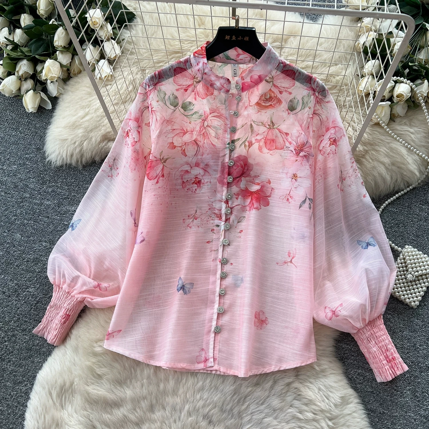 Summer Holiday Organza Gorgeous Flower 2 Piece Set Women Long Lantern Sleeve Shirt Blouse and Elastic Waist A Line Skirt Suit view 3