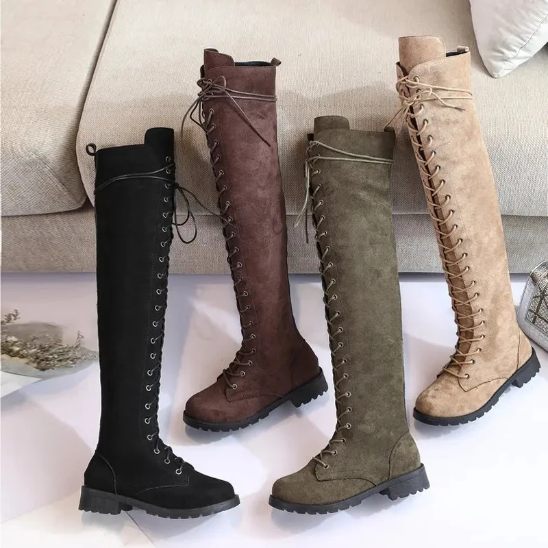 

Women Shoes High Quality Cross-tied Over-the-knee High Boots 43 Size British Style Martin Boots Hot Sale Side Zipper Long Boots