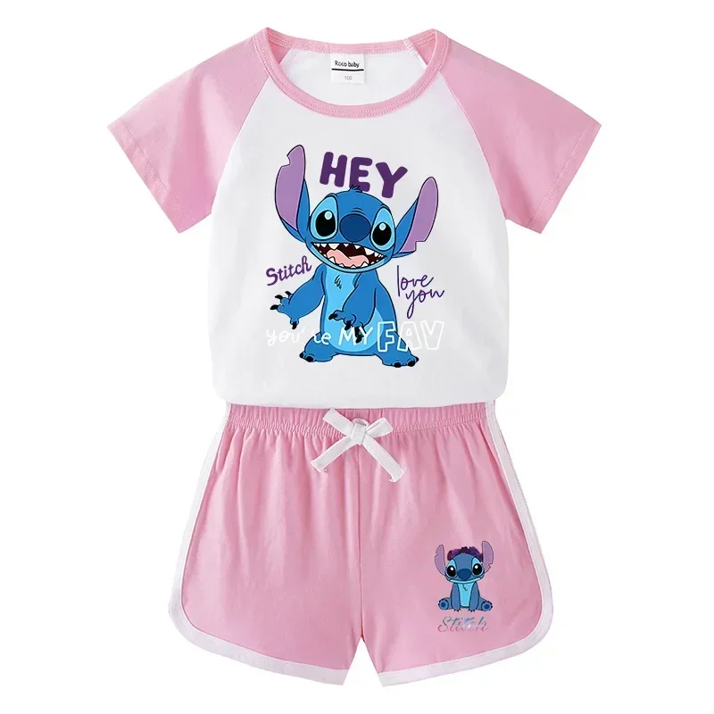 Disney Mickey Mouse Kids Summer New Stitch Short Sleeve Shorts Suits Boys and Girls Baby Hot Pants T-Shirts Casual Sports Suits