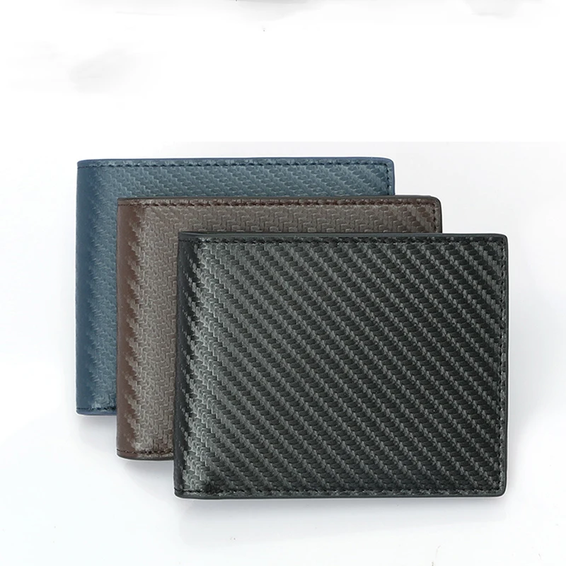 Carbon Fiber Patterned Anti-Theft Money Swiping Bag Rfid Short Top Layer Genuine Leather Men's Wallet Large Capacity Card Holder