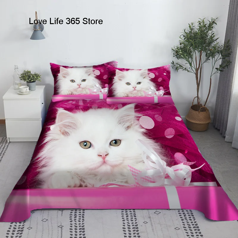 Lovely Cat Bed Sheet Set Digital Printing Polyester Flat Cover With Pillowcase Print Bedding Single Double Queen King Size