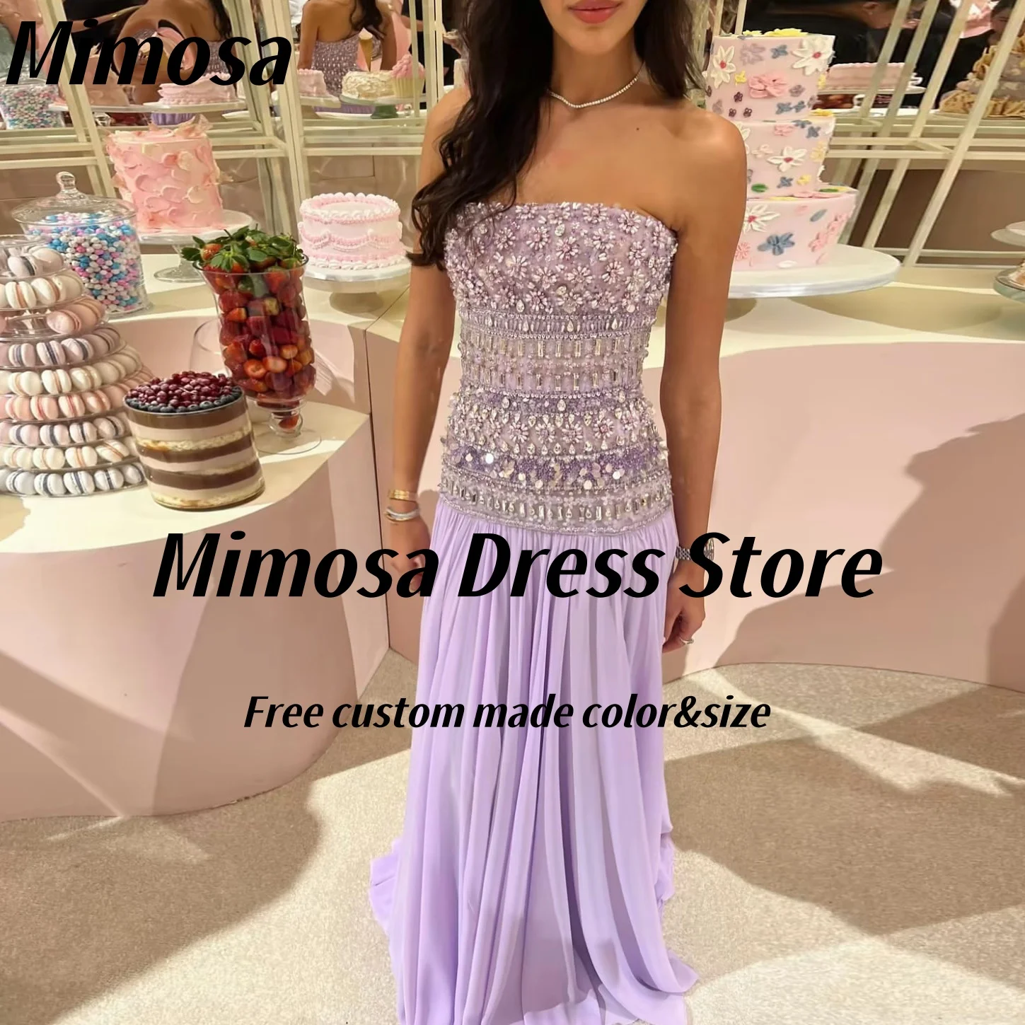 Mimosa-vestidos De graduación 2025, sin tirantes, hechos a mano, con cuentas, Vestido De Fiesta De noche De lujo, Vestido largo De gasa fruncido personalizado