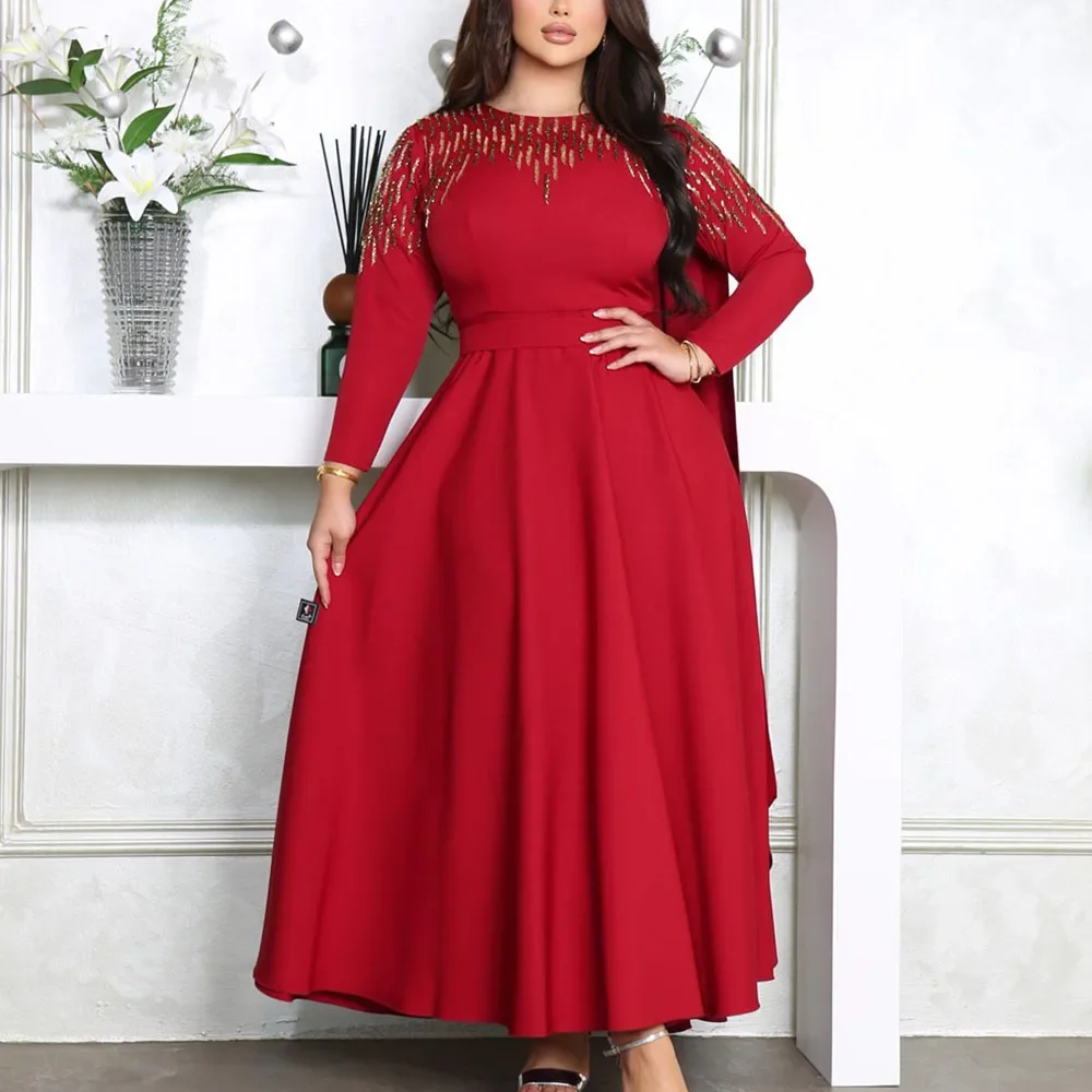 

Customized Full Sleeves A-line Prom Dresses Beading Solid Color Ankle-Length Scoop Collar Daily for Women فساتين للحفلات الراقص