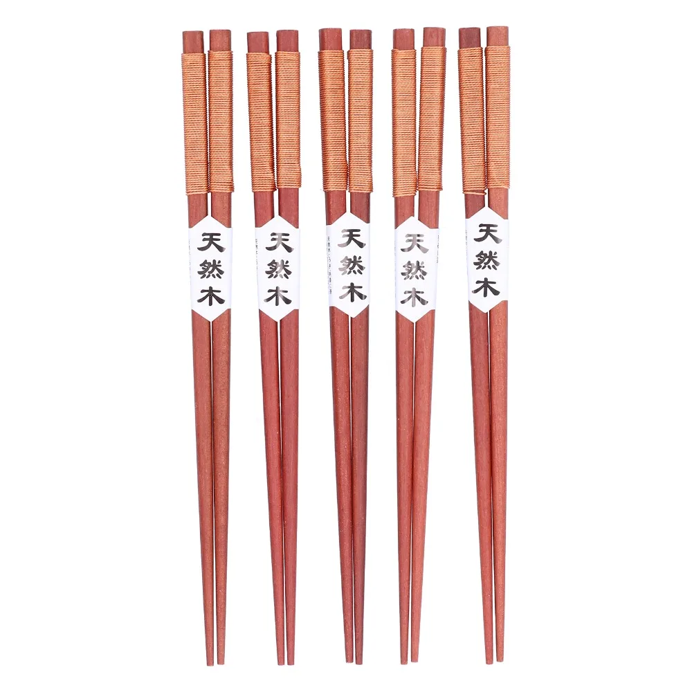 5Pairs Solid Wood Japanese Chopsticks Wrapped Twine Handle Slender Anti-slip Chopsticks Anti-slip Winding Texture Smooth