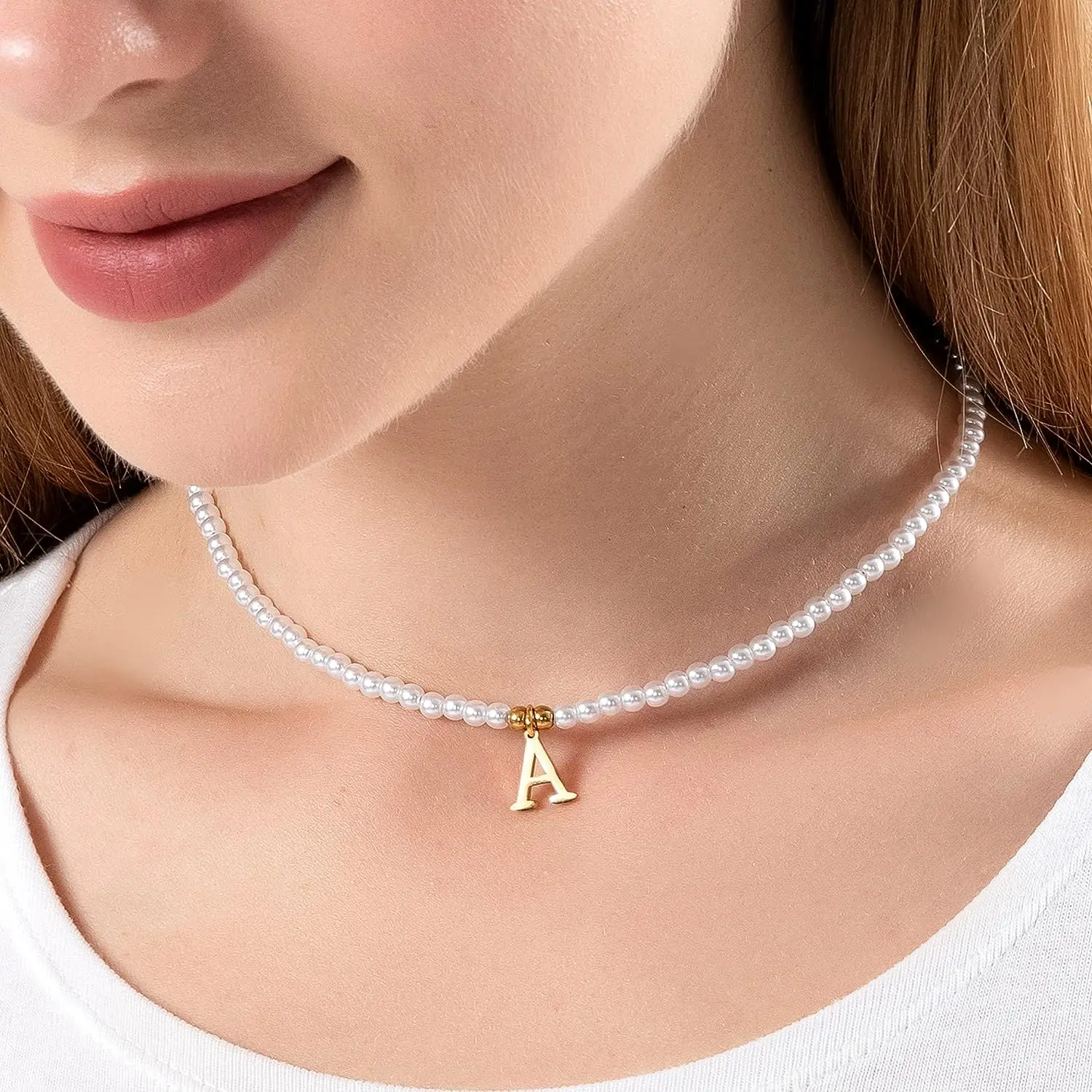 Stainless steel letters initial pendant necklace diy name Simulated pearls Bead Necklaces for Women Pearl Woman's Choker jewelry