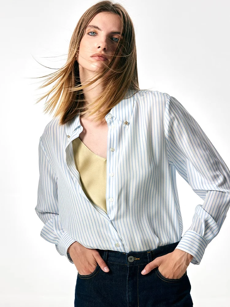 SuyaDream, Women Striped Shirts, 100%Silk Crepe de chine, White and Blue Blouses, 2024 Spring Summer Office Lady Chic Top