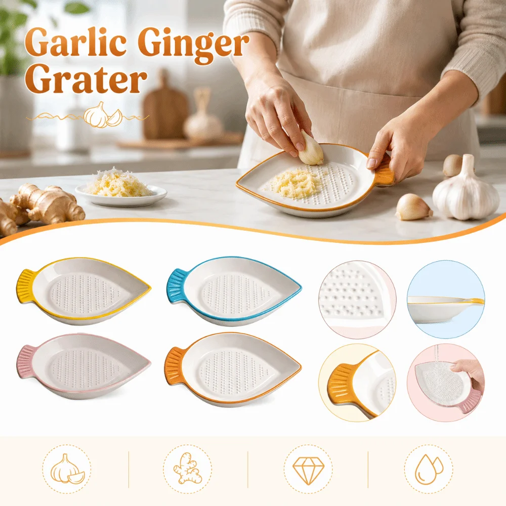 Ceramic Garlic Ginger Grater Non-Slip Leaf Shape Hand Garlic Ginger Masher Easy To Clean Efficient Garlic Paste Grinding Tray