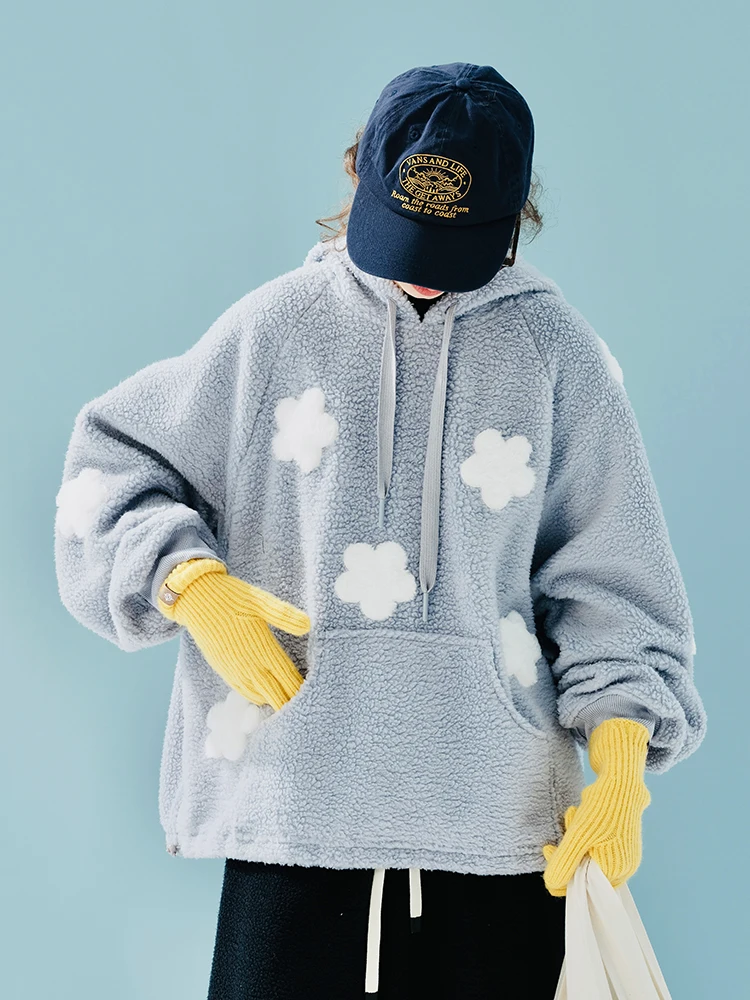 imakokoni 2024 Autumn/Winter Plush Flower Hoodie with Hat and Shake Fleece Versatile Hoodie 244876