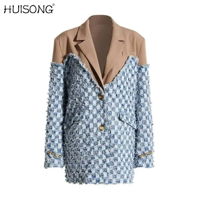 

Black Denim Color-block Blazer Women New Lapel Long Sleeve Loose Fit Jacket Fashion Tide Spring Autumn 2025