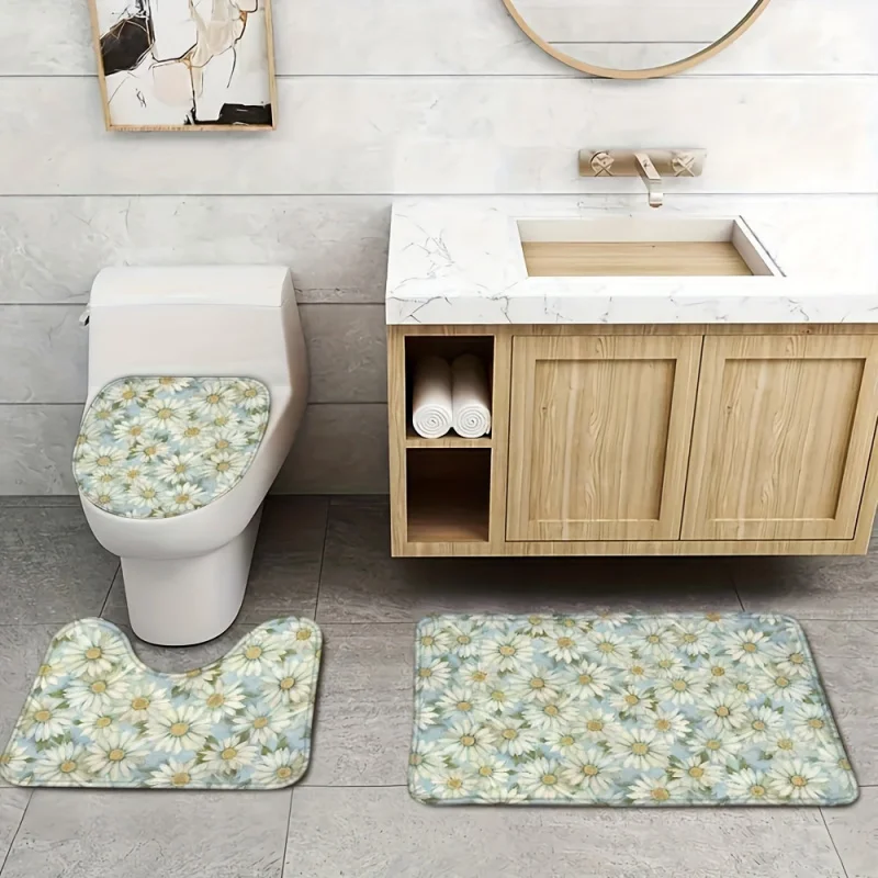 Daisy fresh print bathroom rugs set of 3, anti-slip absorbent bath mat, toilet lid cover, U-shaped contour rug, soft plush floor