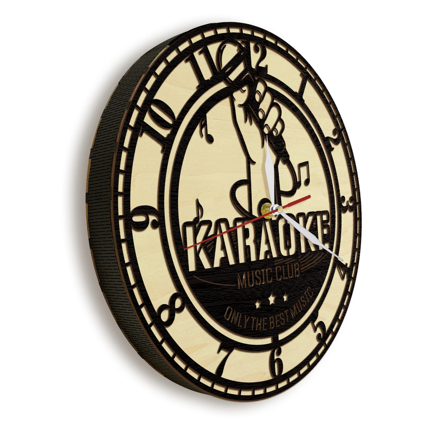Karaoke Wooden Frame Wall Clock for Bar Pub Music Club Studio Microphone Laser Cut Living Hinge Wooden Clock Singing Lover Gifts