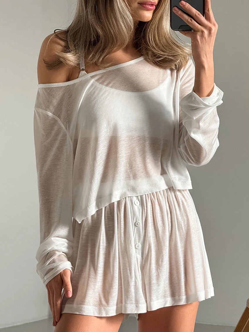 Marthaqiqi Casual Women Pajamas Set O-Neck Sleepwear Long Sleeve Nightwear Crop Top Nightgowns Shorts Loose Ladies Nightie Suit